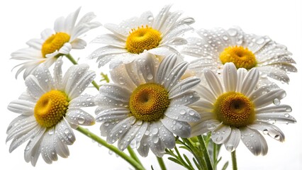 Obraz premium Delicate And Detailed Macro Image Of A Bouquet Of White Daisies With Yellow Centers Against A White Background.
