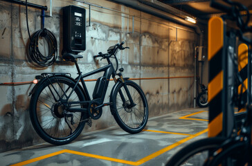 Obraz premium A black electric bike is parked in a parking garage. The bike is parked next to a charging station