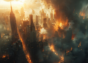 Obraz premium A city is on fire with a large building in the middle. The sky is filled with smoke and the city is in chaos