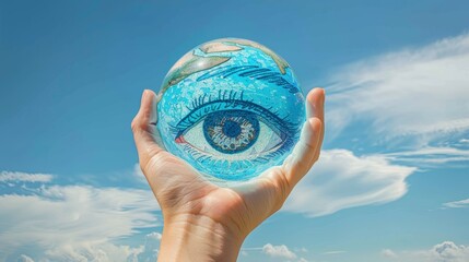 A hand holds a globe with an eye drawn on it, symbolizing vision and the importance of sight