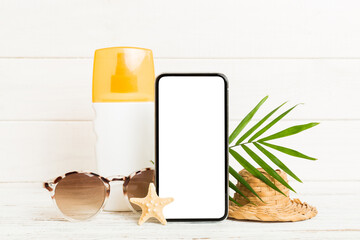 Smartphone mock up template with summer objects. Perspective view with copy space for text