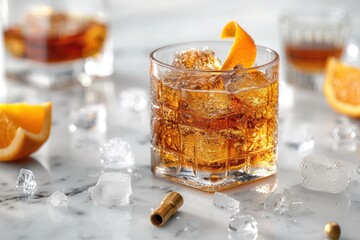 A classic old fashioned cocktail in a rocks glass, muddled with sugar and bitters, garnished with...