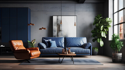 Dark blue sofa and recliner chair in scandinavian apartment interior design of modern living room
