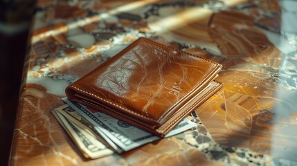 Wallet: A leather wallet rests on a polished marble countertop, its rich brown hue catching the light in subtle highlights and shadows. The supple texture of the leather invites touch, while the gleam
