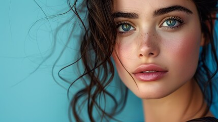 Wind-Blown Beauty - Close-Up Portrait of a Stunning Woman in Black Jumpsuit on Gradient Blue Background