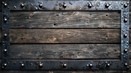 Fototapeta premium Detailed view of an aged wooden door set in a metal frame. Suitable for historical, grunge, or rustic decor themes.