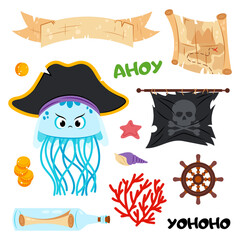 Fototapeta premium Cartoon jellyfish pirate in flat style on a white background. Sea creatures. Set of illustrations with a funny jellyfish and decorative items.