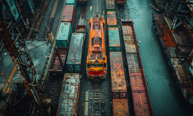 A train is traveling down a track next to a body of water. The train is surrounded by many empty shipping containers, which are stacked on top of each other.