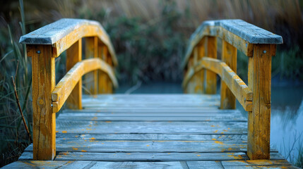 Fototapeta premium Rustic wooden bridge with a symmetrical design, captured at dawn with foggy surroundings. Ideal for nature and travel-related uses.