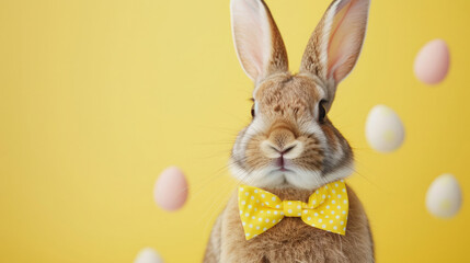 Obraz premium A beautiful bunny elegantly dressed against a radiant yellow background, creating a charming Easter-themed scene with ample copy space.