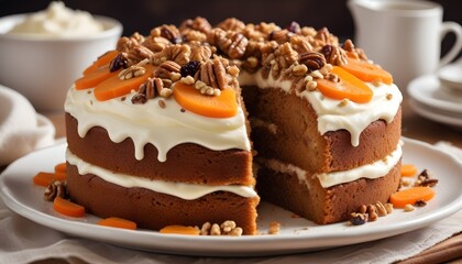 Carrot cake with vanilla filling, vanilla icing and crushed nuts and blueberries