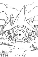 Fantasy hobbit house Kids /adults coloring page book, line art illustration white background