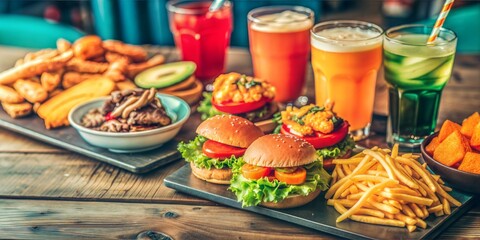 Naklejka premium A mouth-watering cheeseburger with a juicy beef patty, melted cheese, fresh lettuce, and ripe tomatoes served on a wooden cutting board alongside a generous portion of crispy golden french fries.