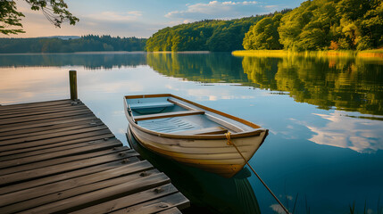 Naklejka premium Peaceful lake scene with wooden pier and rowboat