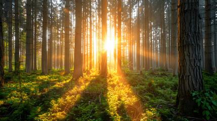 Sunrise over forest with sunlight filtering through trees