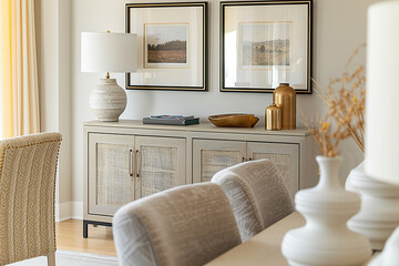Fototapeta premium A close-up shot of the dining room sideboard, showcasing its elegant design and neutral color palette. The sideboards feature two frames on top, adding depth to the space. In front is an armchair.