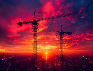 Fototapeta premium Two cranes are silhouetted against a beautiful sunset. The sky is a mix of pink and orange hues, creating a serene and peaceful atmosphere.