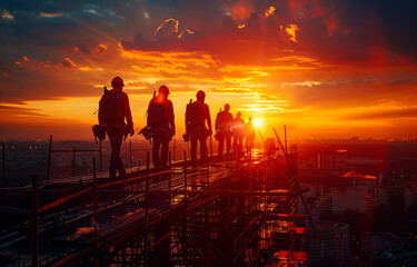 Fototapeta premium A group of construction workers are walking on scaffolding at sunset. The workers are wearing hard hats and are carrying tools. The sky is orange and the sun is setting