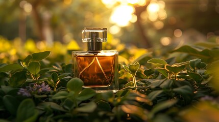 Perfume bottle isolated in graden