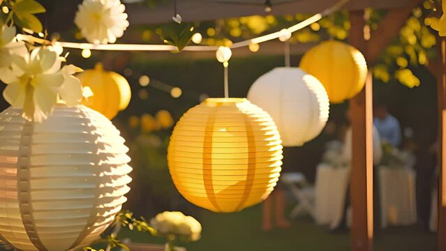 Garden party in the summer. Beautiful and cute paper lanterns blowing in wind and getting bright, Summer festival Summer vacation. Family garden party on sunny day