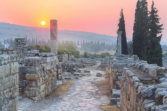As the final rays of sunlight cast a solemn glow over the ancient ruins, the fallen city of Samaria serves as a stark reminder of the consequences of idolatry and disobedience in 722 BC.