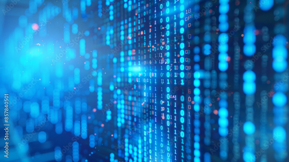 Poster Blue digital binary data on computer screen background. wallpapers and other modern projects. Generated with AI  