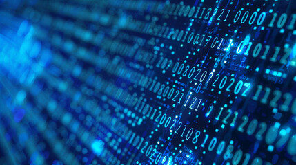 Obraz premium Blue digital binary data on computer screen background. wallpapers and other modern projects. Generated with AI 
