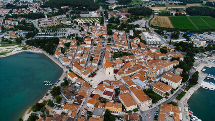 Porec Croatia drone aerial view. Charming ancient city. Italian vibes