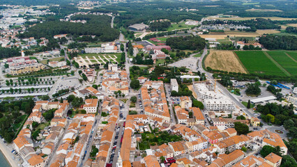 Porec Croatia drone aerial view. Charming ancient city. Italian vibes