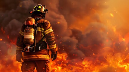 Fototapeta premium A fire fighter standing in the middle of swirling smoke and flames, back view, in a digital art style, in the style of illustration painting.