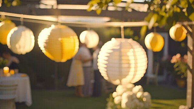 Garden party in the summer. Beautiful and cute paper lanterns blowing in wind and getting bright, Summer festival Summer vacation. Family garden party on sunny day