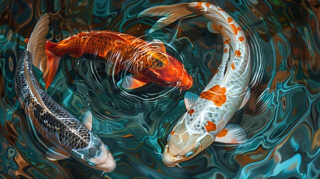 3 koi fish swimming in the water, beautiful, top view, digital art in the style of deviant art and artwork store, orange black green blue white background, hyper realistic oil paint