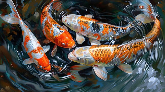 3 koi fish swimming in the water, beautiful, top view, digital art in the style of deviant art and artwork store, orange black green blue white background