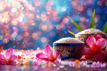 Pongal festival celebration with colorful rice offerings and traditional decorations against a vibrant, cheerful backdrop.