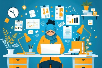 A Frustrated Woman Wearing a Hijab Sitting at Her Cluttered Desk in an Office Setting
