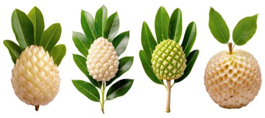 Four varieties of tropical fruit with green leaves on a white background, showcasing diverse textures and shapes in a creative arrangement transparent background.