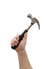 Hand holding a claw hammer, isolated on a white background.