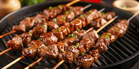 Close-up of Nigerian suya skewers A spicy traditional dish. Concept Nigerian Cuisine, Spicy Food, Traditional Dish, Food Photography, Close-Up Shots