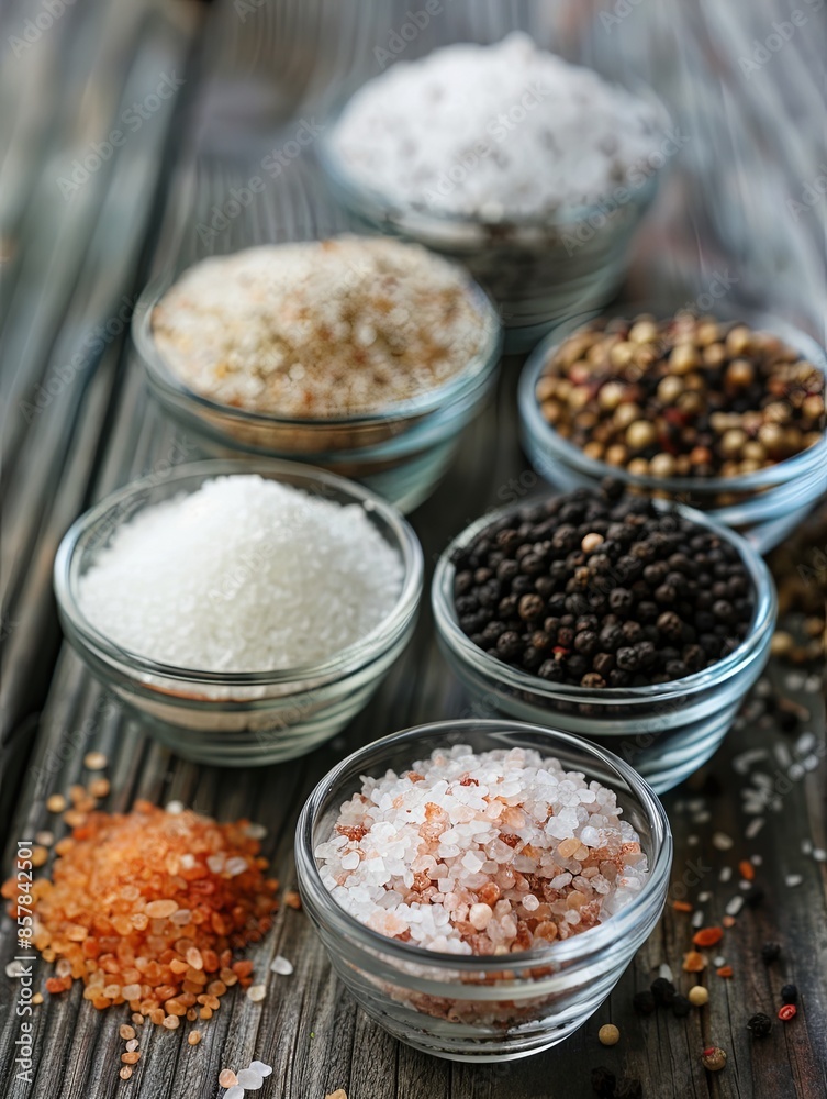 Poster different types of salt and pepper are displayed in glass jars and bowls on a rustic wooden surface.