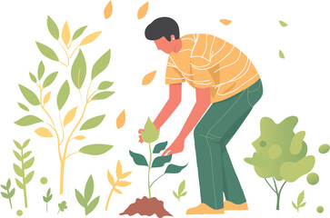 Earth day and Environment Day gardener takes care of growing plants flat vector illustration