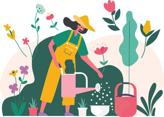 A girl is watering flowers with a watering can
