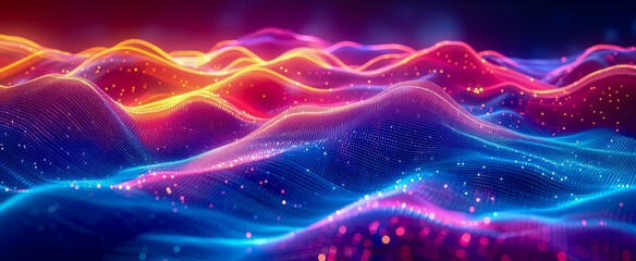 Obraz premium Abstract colorful wavy particle background forming cyber landscape with depth of field