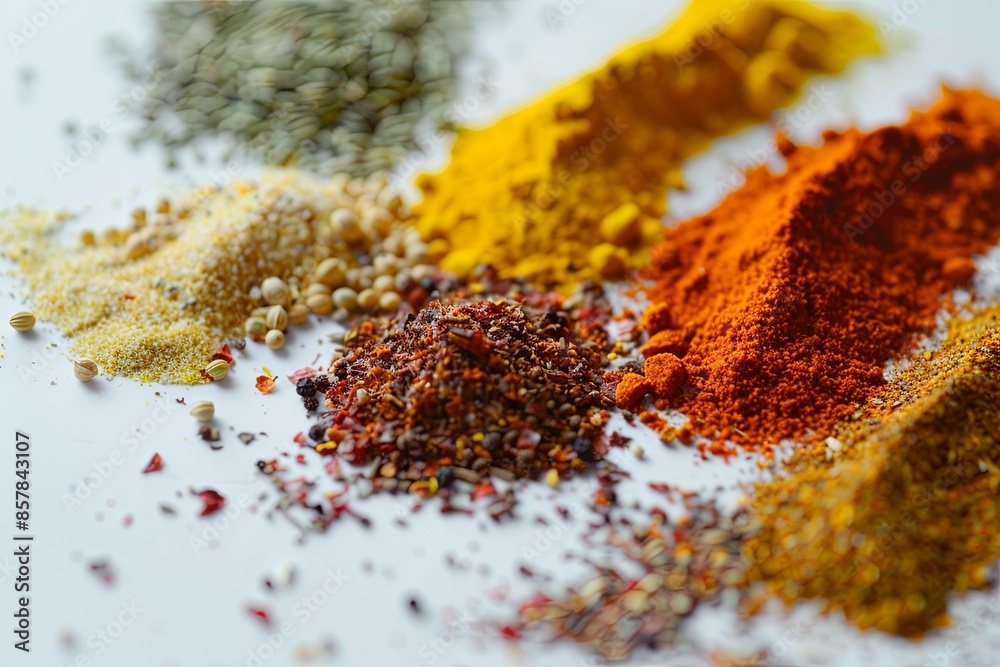 Wall mural A close-up image of various spices, including turmeric, paprika, and coriander, spread out on a white surface. Generative AI