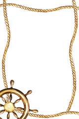 vertical frame with wooden vintage brown steering wheel and brown sea ropes, illustration of old grunge vessel, yacht circle rudder isolated on white background, for adventures card and blogs