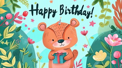 Obraz premium Happy Birthday Celebration with a Cute Animal Holding a Balloon