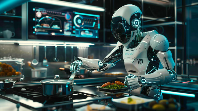 futuristic robot chef cooking in a high-tech kitchen with neon lighting and advanced culinary equipment