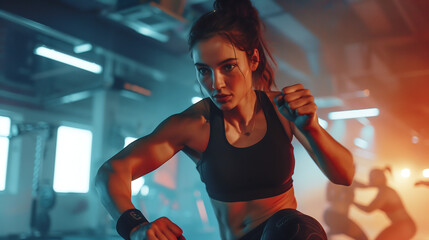A woman in athletic wear doing shadow boxing at the gym, with a focused expression on her face, with other people training around her.