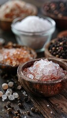 A close-up shot of various salts and peppercorns in glass jars and small bowls, arranged on a rustic wooden surface. Generative AI