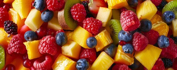 Colorful tropical fruit salad mix featuring a vibrant assortment of fresh fruits and berries