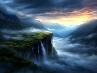 Fototapeta premium Breathtaking misty mountain landscape with a waterfall cascading down cliffs, surrounded by clouds under a vibrant sunset sky.
